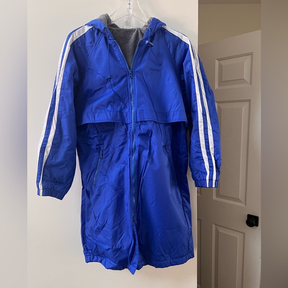 Speedo Blue & White Team Swim Fleece Lined Parka w/Hood 2 Way Zip Men’s Large